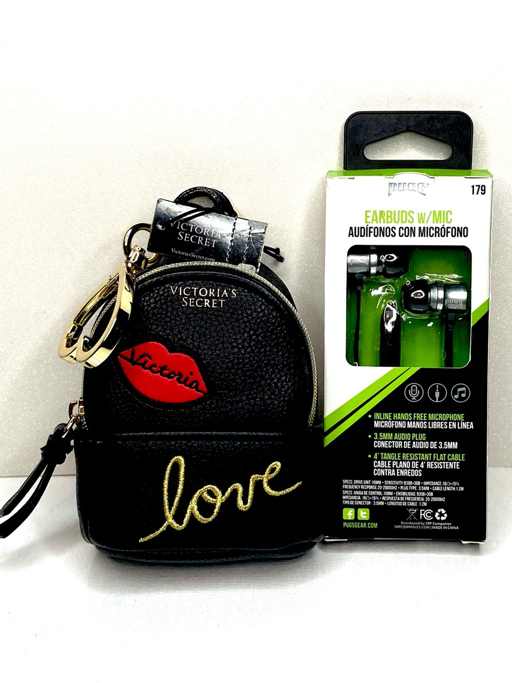 Victoria's Secret Black 'Love' Mini Backpack Coin Pouch & earbuds